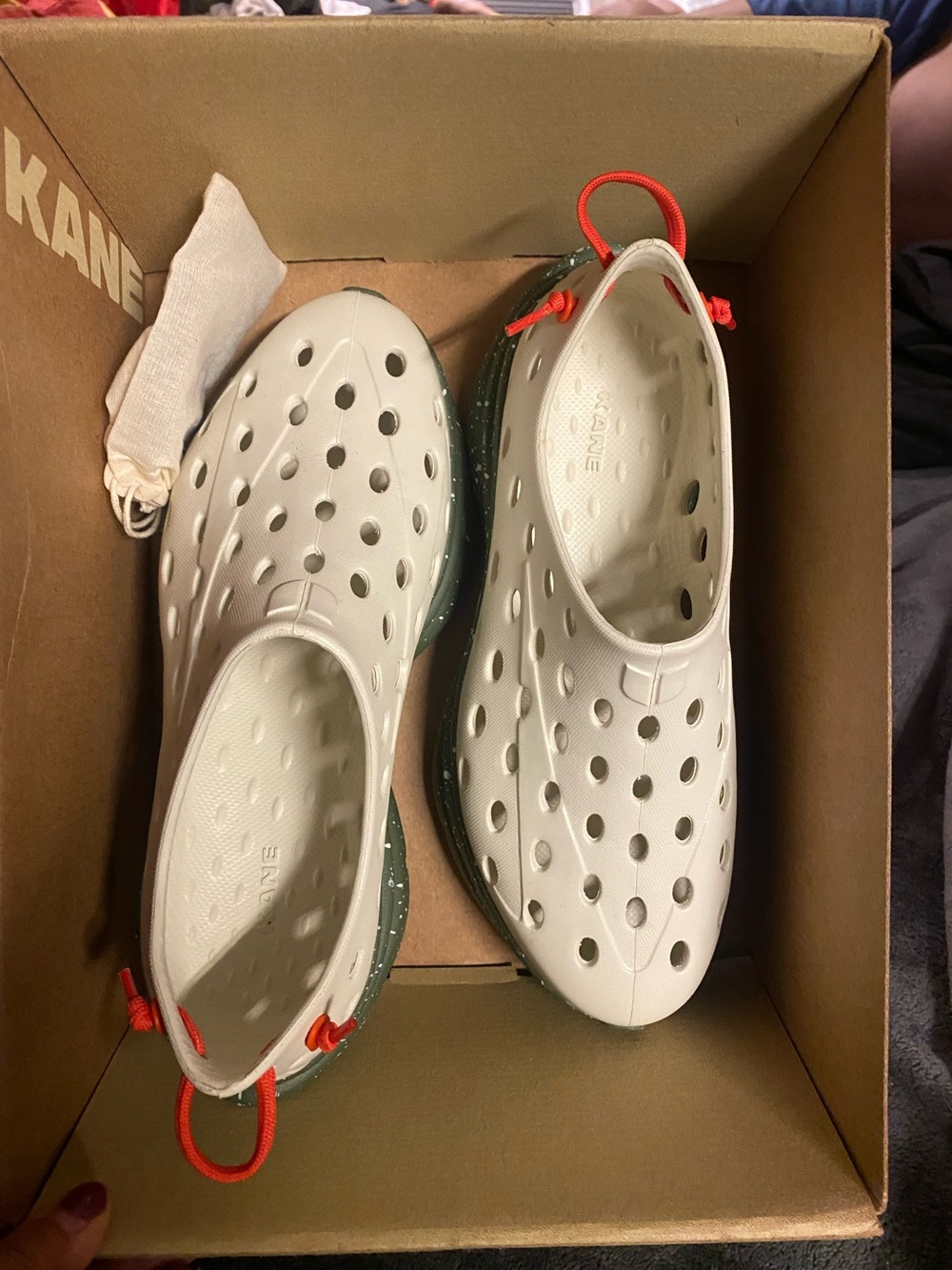 Women’s Water Slip-On Clog — White with Green Speckled Sole and Orange Pull Tabs